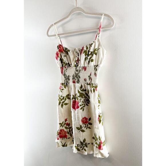 Reformation Rosemary Floral Print Linen Smocked Waist Mini Dress White 4 - Picture 7 of 10